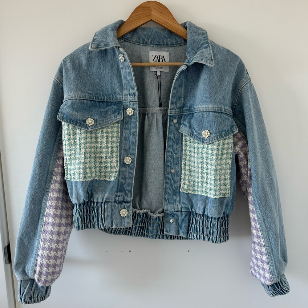 Zara Denim Patchwork Tweed Denim Jacket Size Pearl Flower Snap Button Pocket XS